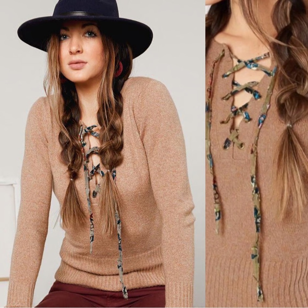Gimmick Lace-Up Tan Sweater - Picture 3 of 13
